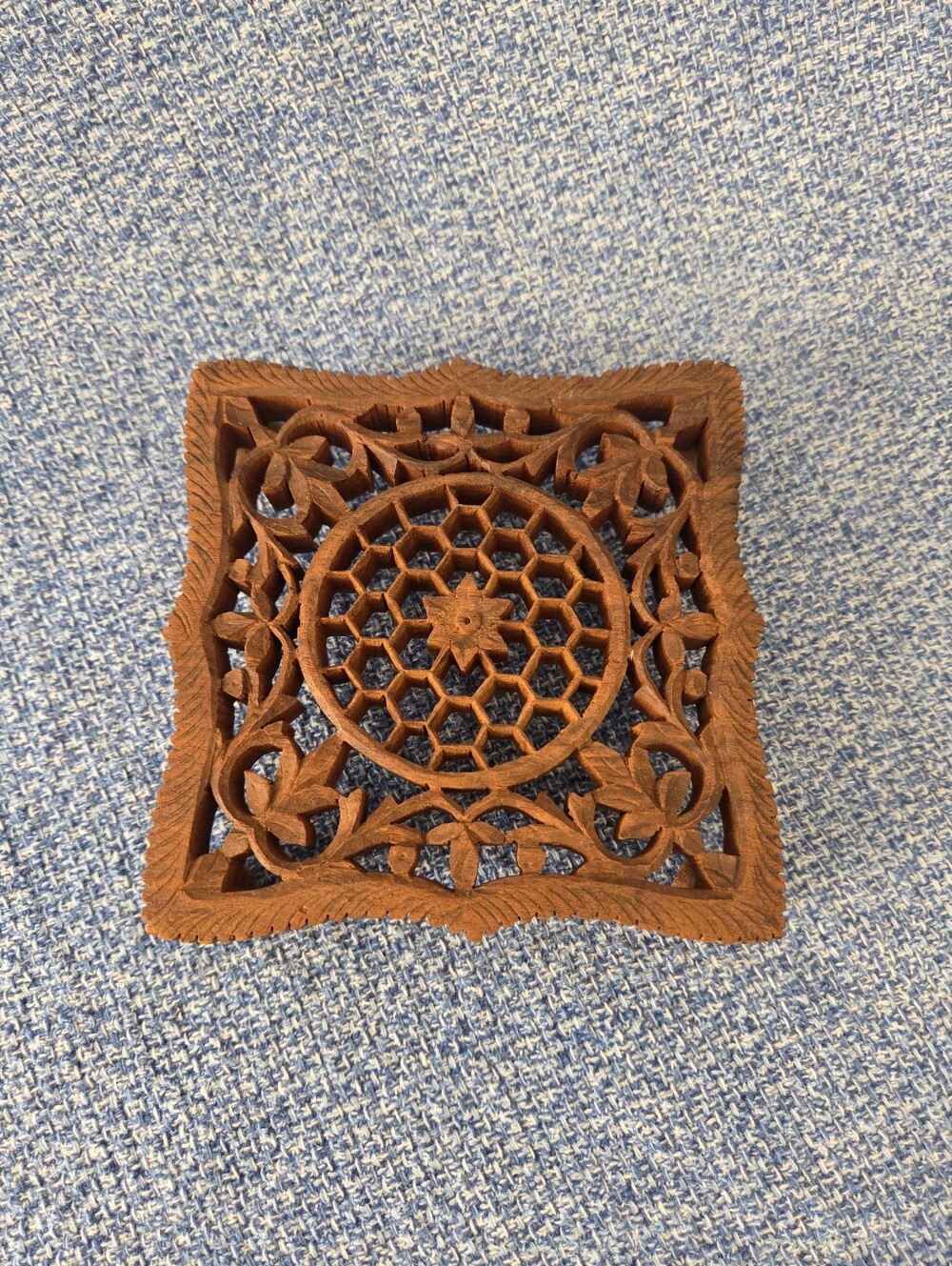 Vintage hand-carved Footed wooden trivet 5" X 5"